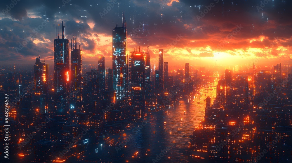 Nighttime city skyline with towering, illuminated skyscrapers and glowing street lights, set against a backdrop of technological innovation. Nighttime city skyline with towering, illuminated skyscrapers and glowing street lights, set against a backdrop of technological innovation.