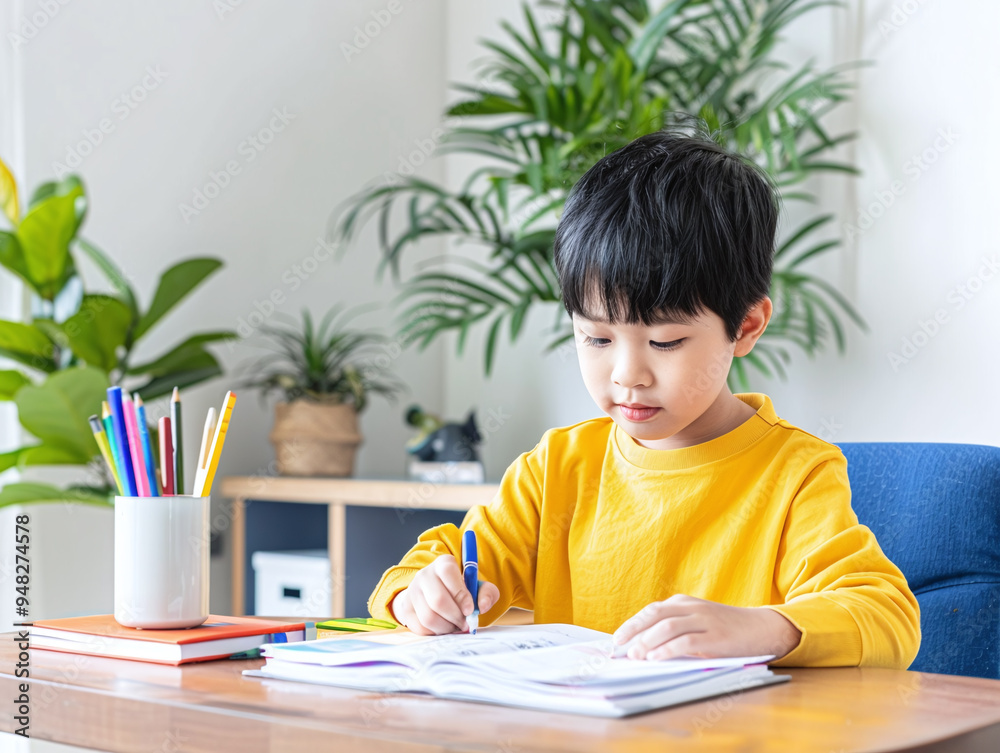 Boy is doing homework in his room Boy is doing homework in his room