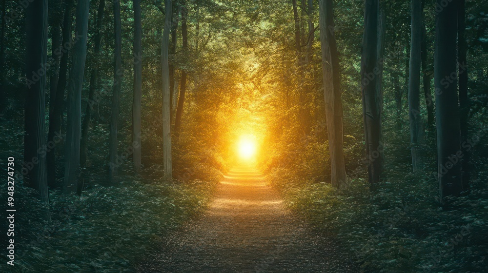 Obraz premium A glowing path leading through a dense forest, with the trees representing obstacles and the light at the end symbolizing business success