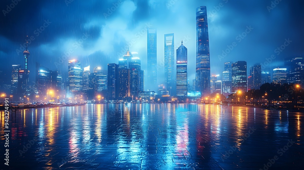 Fototapeta premium Nighttime city skyline featuring glowing skyscrapers and street lights, symbolizing the technological advancements of the urban setting.