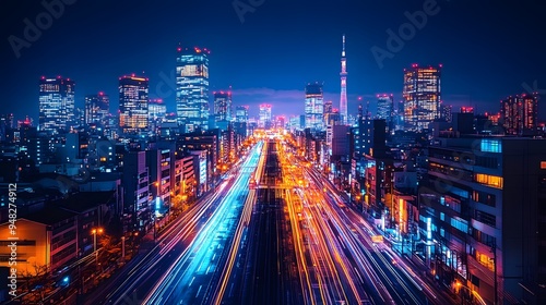 Wallpaper Mural High-tech city at night with illuminated skyscrapers and street lights, creating a vibrant, technology-infused urban environment. Torontodigital.ca