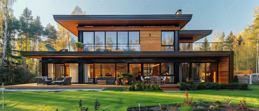 Contemporary wooden house with large glass windows, blending modern design with nature. Contemporary wooden house with large glass windows, blending modern design with nature.