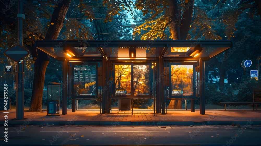 Fototapeta premium Empty Bus Stop at Night with Autumn Leaves on the Ground and Illuminated Glass Panels Showing Trees, Urban Landscape, Nighttime, Cityscape, Street Light.