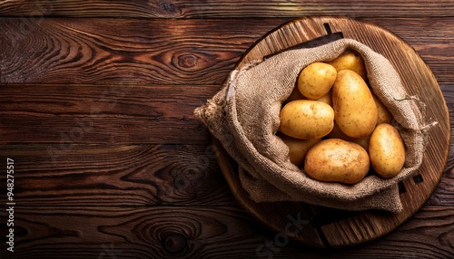 Raw potato food . Fresh potatoes in an old sack on wooden background. Free place for text. Top view
 photo