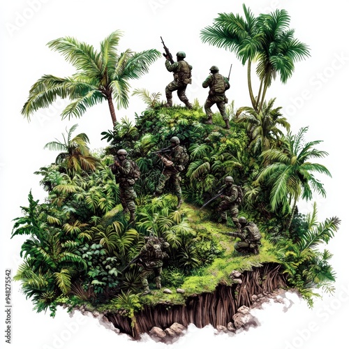 An illustration of a guerilla warfare scenario in the jungle, unconventional strategy, digital art, isolated on white background