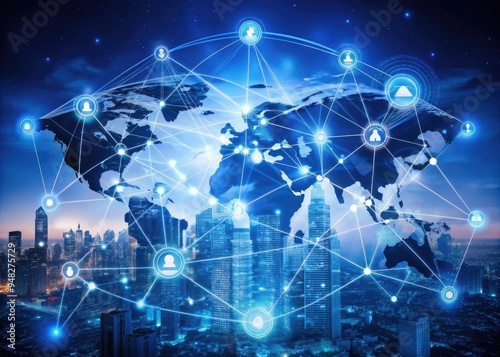 Glowing global network of interconnected nodes and devices, illustrating blockchain, IoT, and telecommunications, conveying secure, efficient, and innovative digital communication and collaboration.
