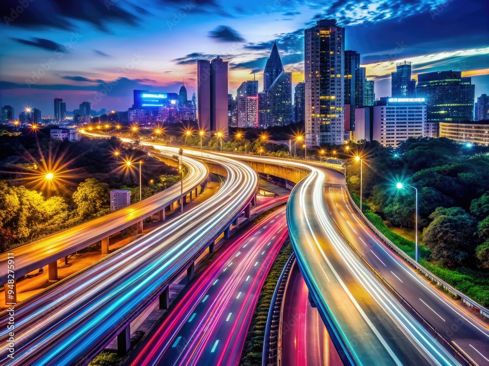 Fototapeta premium Vibrant cityscape at night features a busy highway with streaking car lights, capturing the dynamic movement and energy of urban life through long exposure photography.