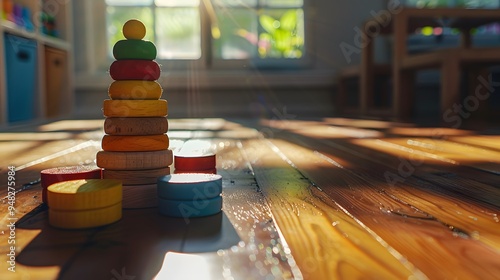Colorful Wooden Stacking Rings Toy on Wooden Floor with Sunbeams and Bokeh - Child Development, Early Learning, Playtime.