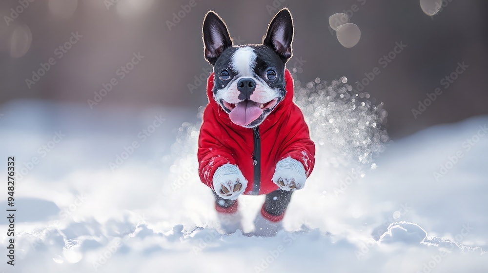 Happy Boston Terrier Running in the Snow Happy Boston Terrier Running in the Snow