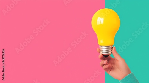 Hands holding bright bulb, creator s concept development, flat design illustration photo