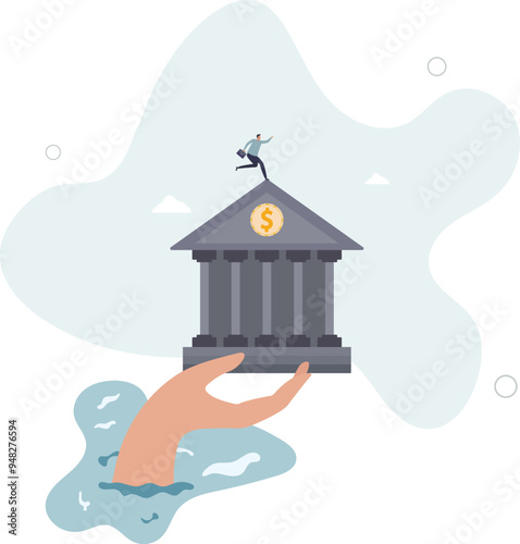 Government bailout to help support bank from bankruptcy to prevent banking downfall by injection, buy bonds to pay for loan and obligation concept.flat design with people.