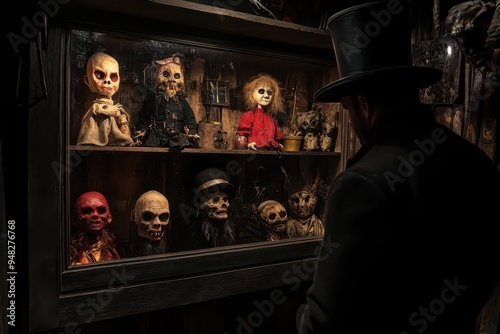 A dark carnival game booth, with prizes like shrunken heads and cursed dolls, run by a mysterious figure in a top hat