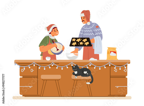 Father and son in Santa hats baking Christmas gingerbread together flat vector illustration isolated on white.