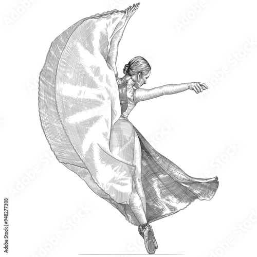 A ballerina in a dress and pointe shoes stands on her toes and dances isolated on white background. Stylized as an engraving