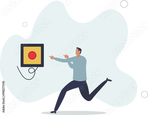 Push button call for emergency help, control or launch rocket, start new business or launch start up company concept.flat design with people.