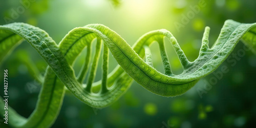 Leafy DNA strands artfully arranged against a blurred green background, symbolizing nature and genetics in a harmonious blend