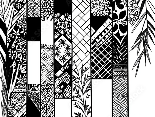 Abstract black and white pattern with geometric shapes and floral motifs.