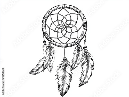 A hand-drawn illustration of a dreamcatcher with feathers.