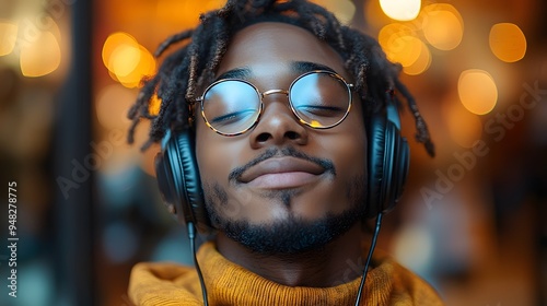 A calm and content Black student with headphones, swaying slightly to the beat of rock music, feeling relaxed and happy.