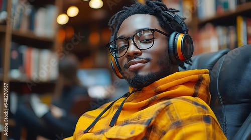 Happy Black student with headphones, enjoying the sound of rock music, leaning back in a chair, feeling relaxed and at peace.