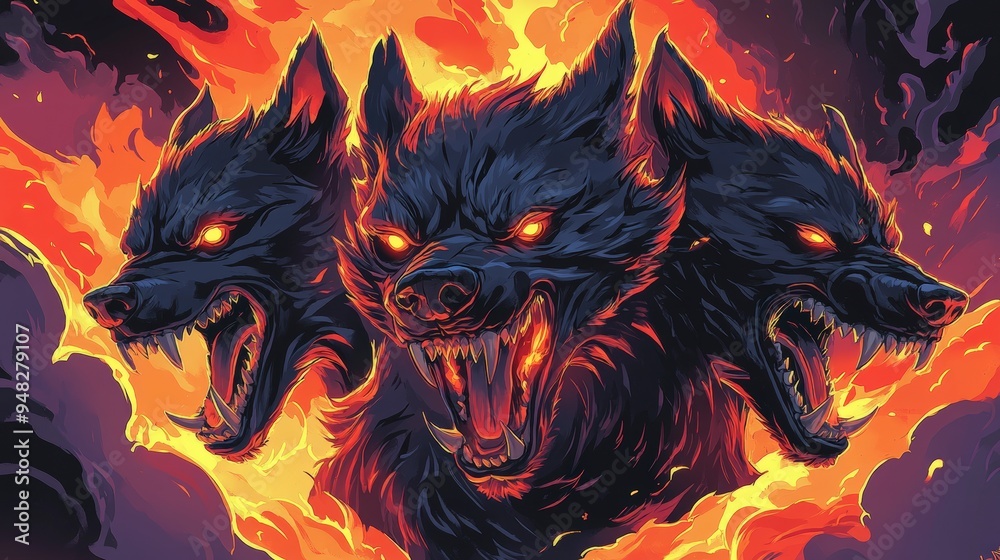 Fototapeta Adorable Yet Fierce: Three-Headed Cerberus Guarding Underworld with Unique Personalities