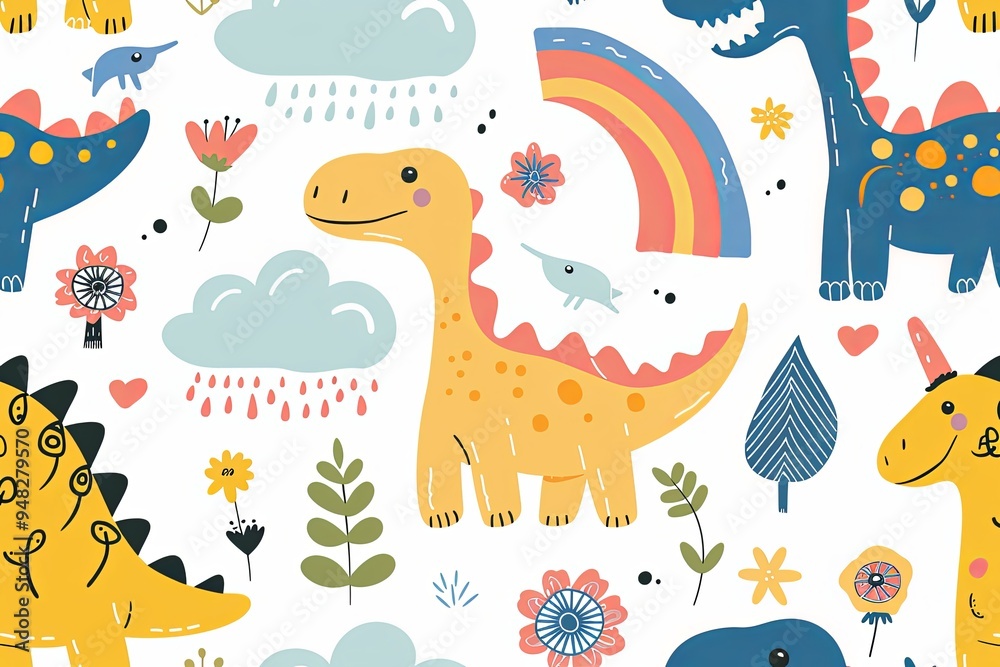 Obraz premium Seamless pattern with dinosaurs, rainbows, clouds, flowers, and hearts on a white background.