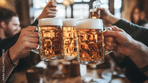 Camaraderie at its Best: High-Resolution Photo of Friends Reveling in Traditional Bavarian Festive Spirit at Oktoberfest in Germany