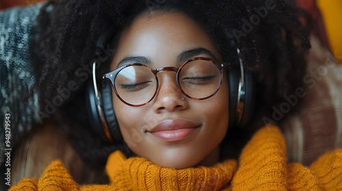 A relaxed Black student, swaying to rock music with headphones on, seated in a cozy corner, feeling peaceful and happy.