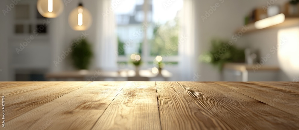3D rendering of a kitchen table background featuring a wooden countertop set against a blurred clean abstract home interior with bokeh effects ideal for displaying or showcasing a dining setting 3D rendering of a kitchen table background featuring a wooden countertop set against a blurred clean abstract home interior with bokeh effects ideal for displaying or showcasing a dining setting