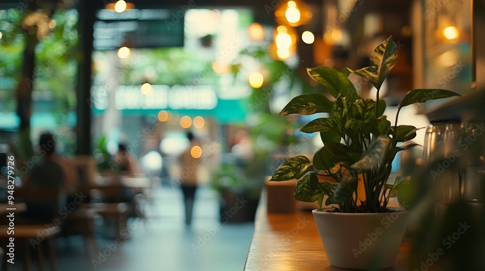 Cozy cafe ambiance with potted plant in foreground, blurred background of warm lights and patrons creating inviting atmosphere for relaxation and conversation.