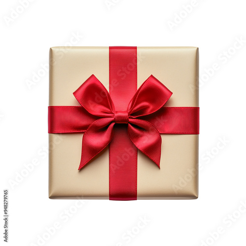 Gift box with red ribbon and bow isolated on transparent background, top view. PNG file.