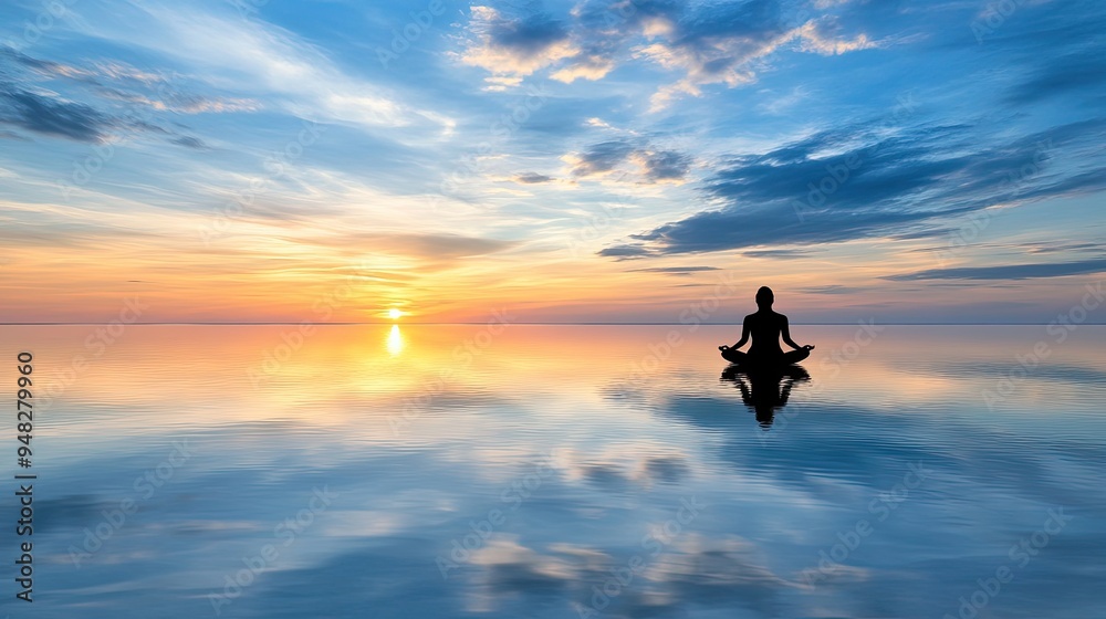 A young woman sits in lotus position on the beach at sunset, her silhouette reflected in the wet sand, evoking peace with the stunning colors of the tranquil ocean horizon A young woman sits in lotus position on the beach at sunset, her silhouette reflected in the wet sand, evoking peace with the stunning colors of the tranquil ocean horizon