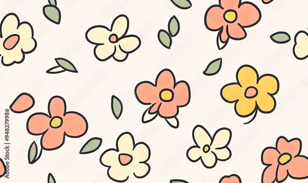 Fototapeta premium A seamless pattern of hand-drawn flowers in shades of yellow, orange, and pink on a white background.