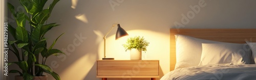 3D Rendering of a Modern Wooden Night Stand with a Lamp in a Bedroom Corner photo