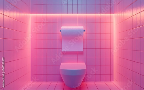 3D rendering of a roll of tissue paper suspended on a wall in a restroom photo