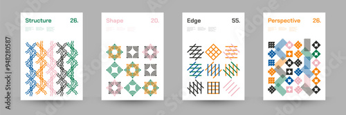 Comprehensive Set of Geometric Patterns: Ideal for Designers, Featuring a Wide Range of Symmetrical Shapes and Repeating Motifs for Versatile Use in Digital and Print Projects. Vector Illustration.	
