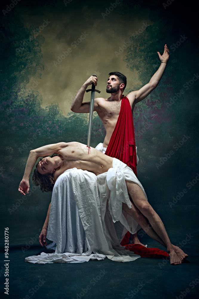 Victorious man stands with sword, having vanquished angel, representing complex interplay of power, morality, and fate. Concept of classic art, renaissance, light and dark.