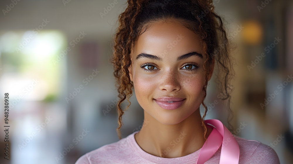 Empowered woman holding a pink ribbon and sporting a shirt for Breast Cancer Awareness, with a backdrop that reflects determination and support. Empowered woman holding a pink ribbon and sporting a shirt for Breast Cancer Awareness, with a backdrop that reflects determination and support.