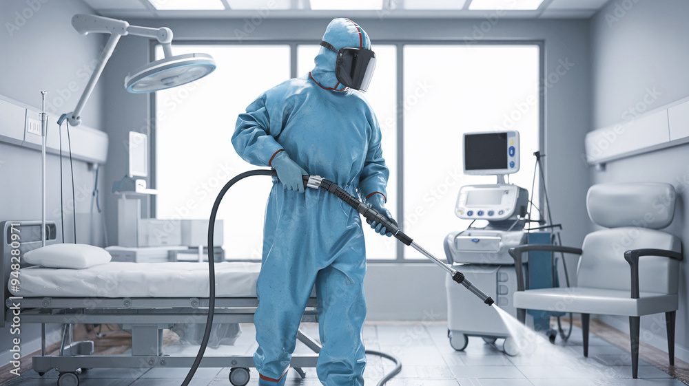 A medical professional in protective gear sanitizing a hospital room with advanced equipment, ensuring a safe environment. A medical professional in protective gear sanitizing a hospital room with advanced equipment, ensuring a safe environment.