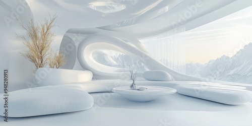 Futuristic abstract white interior design featuring 3D rendering and illustration photo