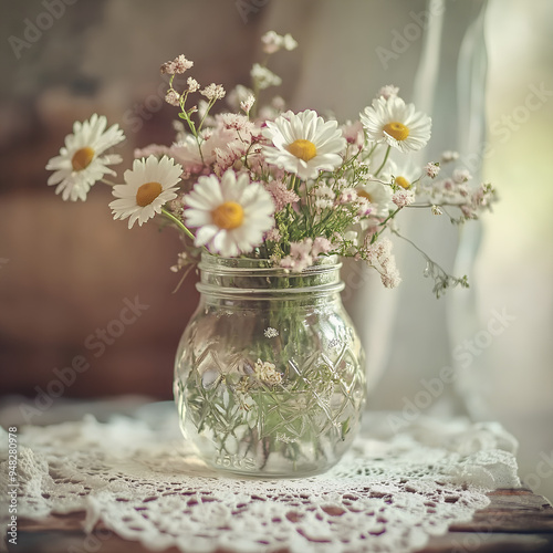 Shabby chic setup with a glass mason jar filled with wildflowers on a vintage lace doily in warm botanical photography

 photo