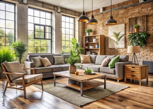 Modern living room featuring eco-friendly furniture made from reclaimed wood, repurposed metal, and sustainable fabrics, promoting environmentally responsible home decor and reducing waste. photo