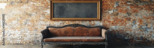 3D rendering of a luxury sofa against a brick wall background featuring a photo frame illustrating an interior gallery and furniture decor concept with each element individually defined photo