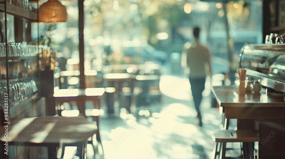 Sunlit cafe interior with blurred figure walking towards bright entrance, creating a dreamy atmosphere of warmth and anticipation for the day ahead. Sunlit cafe interior with blurred figure walking towards bright entrance, creating a dreamy atmosphere of warmth and anticipation for the day ahead.