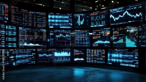 Wall of Monitors Showing Data Charts and Graphs