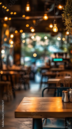 Cozy restaurant interior with warm Edison bulbs illuminating wooden tables, creating an inviting ambiance for evening dining and intimate conversations.