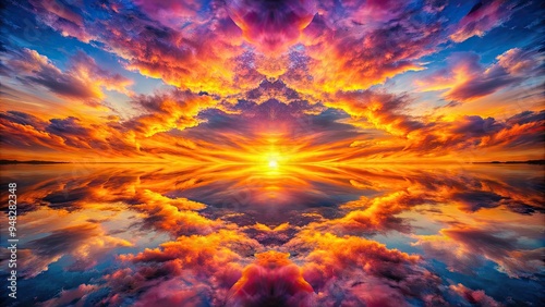 Vibrant panoramic sunset sky showcases a kaleidoscope of warm hues, including orange, pink, purple, and yellow, evoking a sense of tranquility and wonder. photo