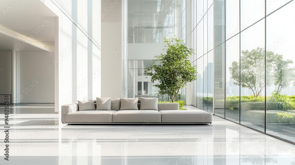 A modern home interior design showing a clean, spacious and open living room with large windows and minimalist furniture A modern home interior design showing a clean, spacious and open living room with large windows and minimalist furniture