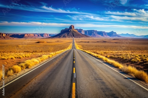 Wallpaper Mural A seemingly endless, straight asphalt road stretches into the horizon, surrounded by vast desert landscapes with rocky outcrops and sparse vegetation under a clear sky. Torontodigital.ca