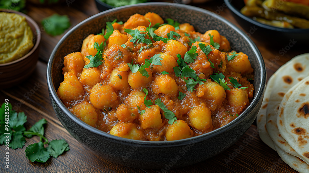 Indian Food: Aloo Gobi Garnished with Coriander Served with Roti and Pickles: Rustic Indian Kitchen Style Vegetarian Dish Indian Food: Aloo Gobi Garnished with Coriander Served with Roti and Pickles: Rustic Indian Kitchen Style Vegetarian Dish